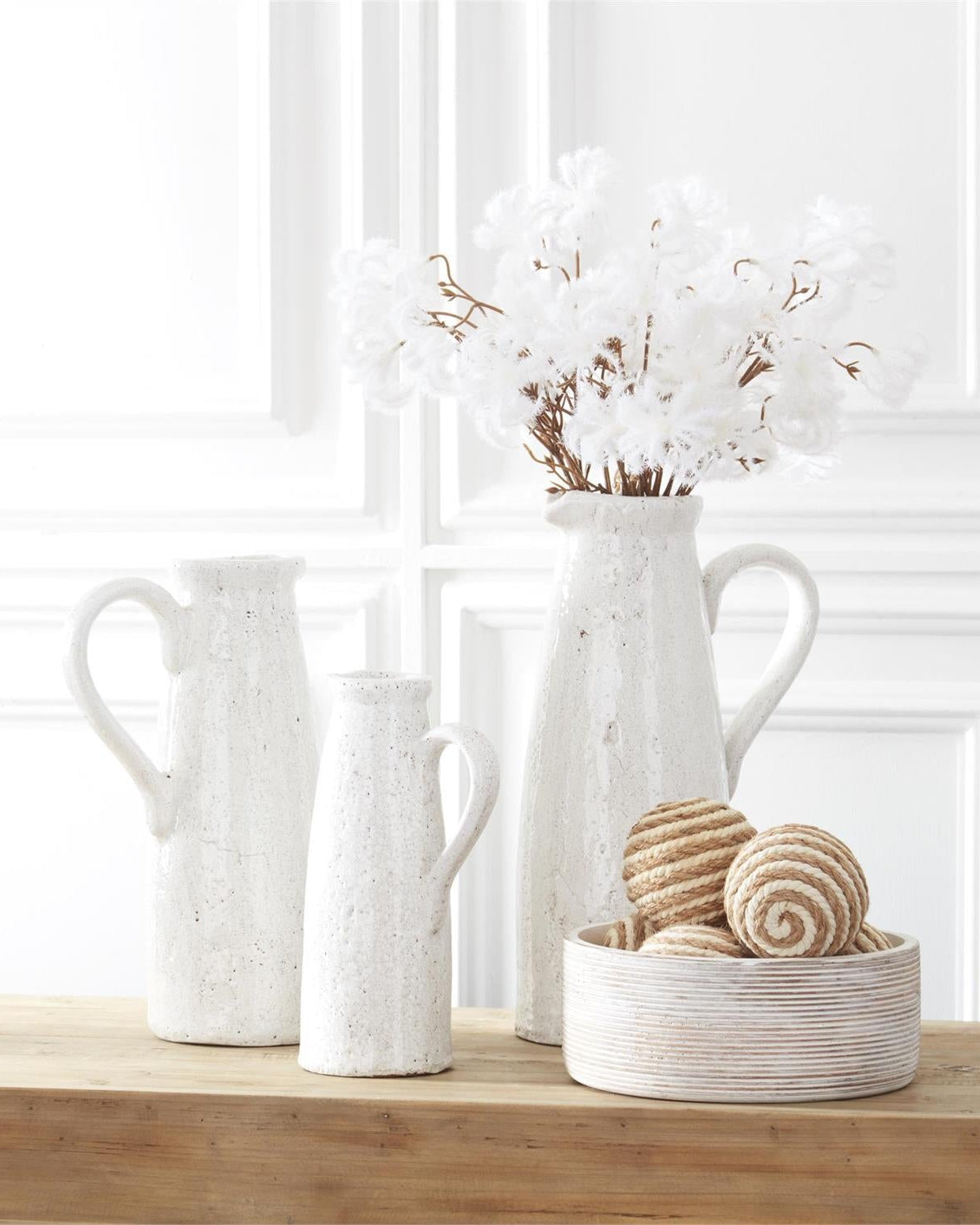 Distressed White Ceramic Crackle Pitcher