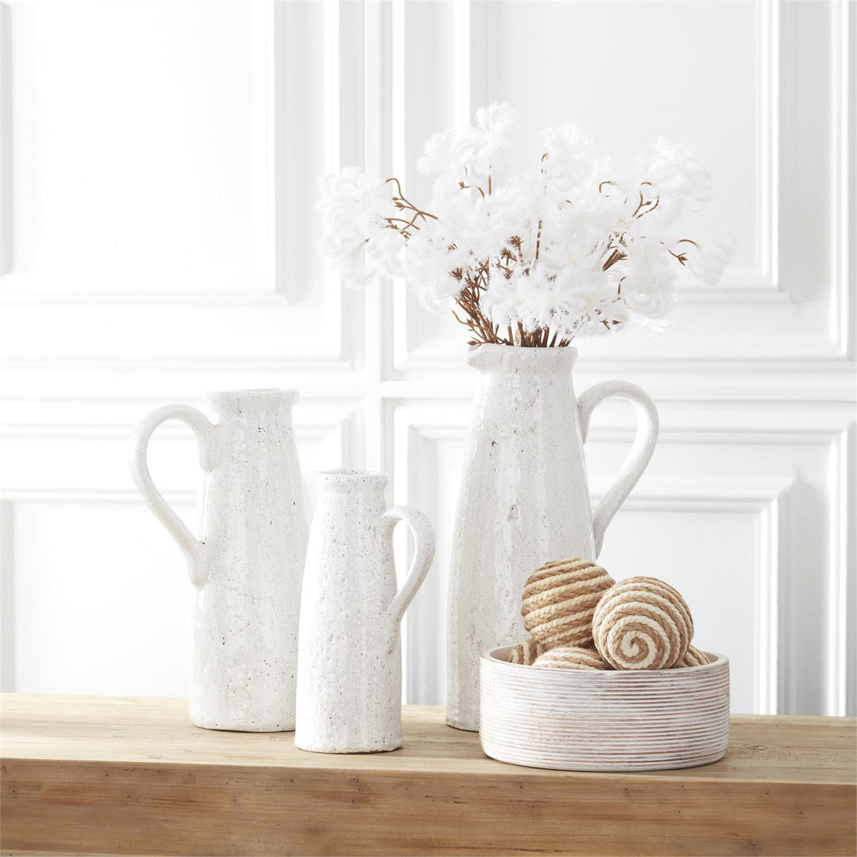 Distressed White Ceramic Crackle Pitcher