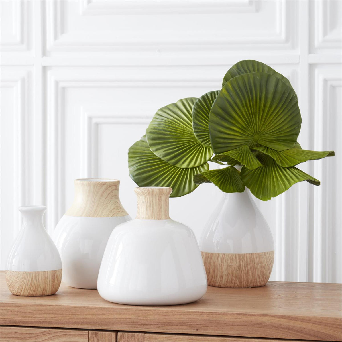 White Stoneware Vases With Wood Decal Detail