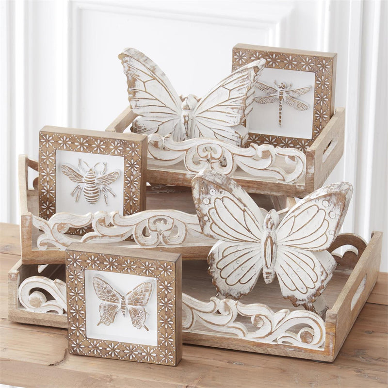 Whitewashed Carved Insect Shadow Box