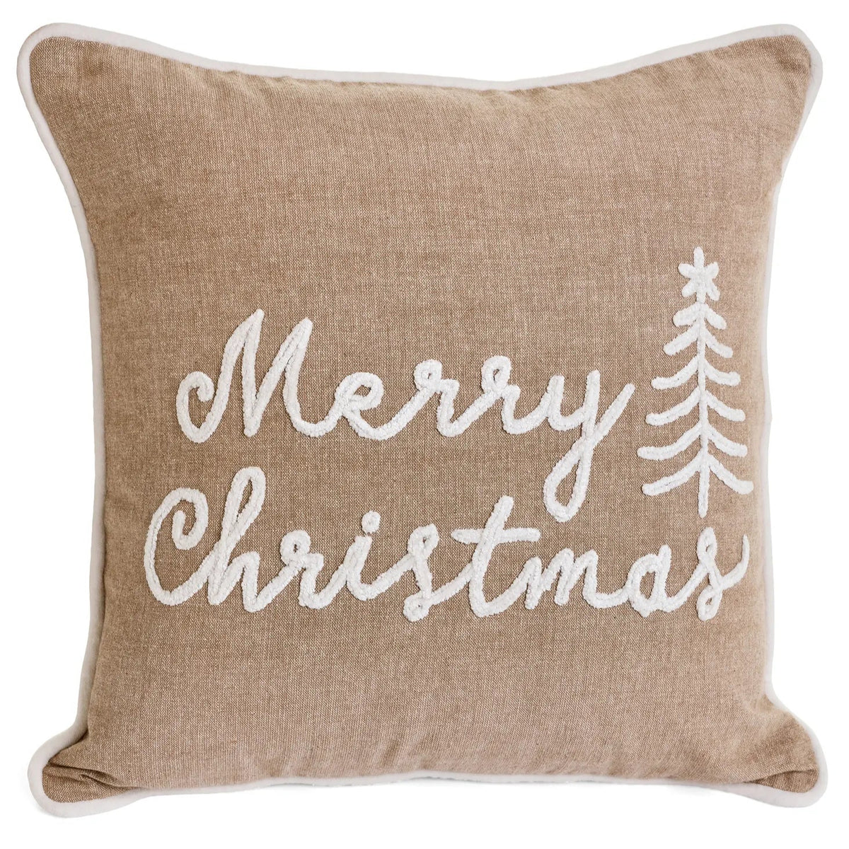 Merry Christmas Beige Cotton Throw Pillow