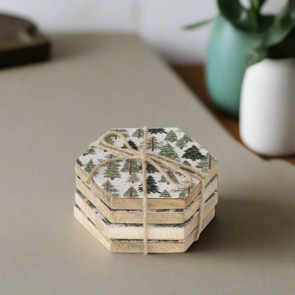 Hexagon Christmas Trees Enameled Coaster Set