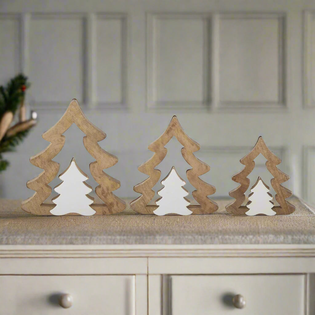 Wood Trees With White Enameled Cutout Centre