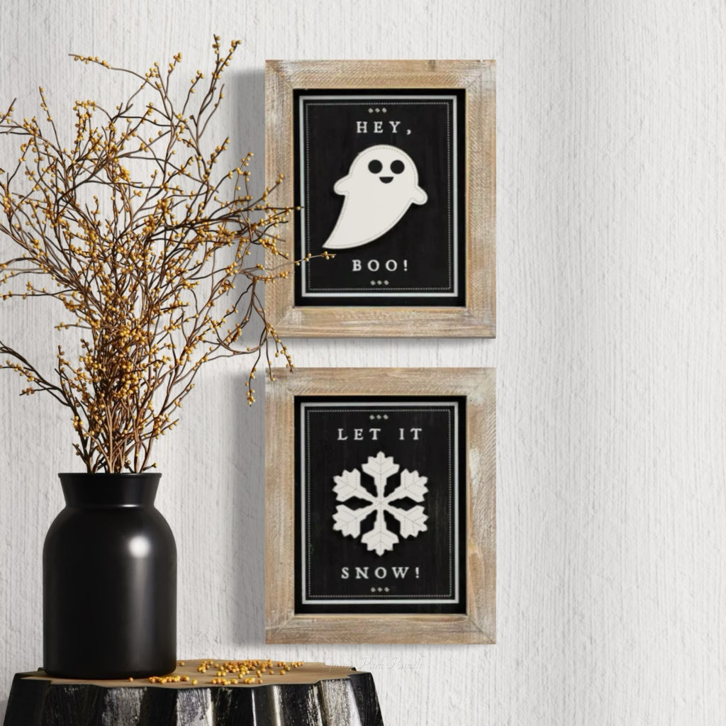Reversible Wood Boo and Snow Sign