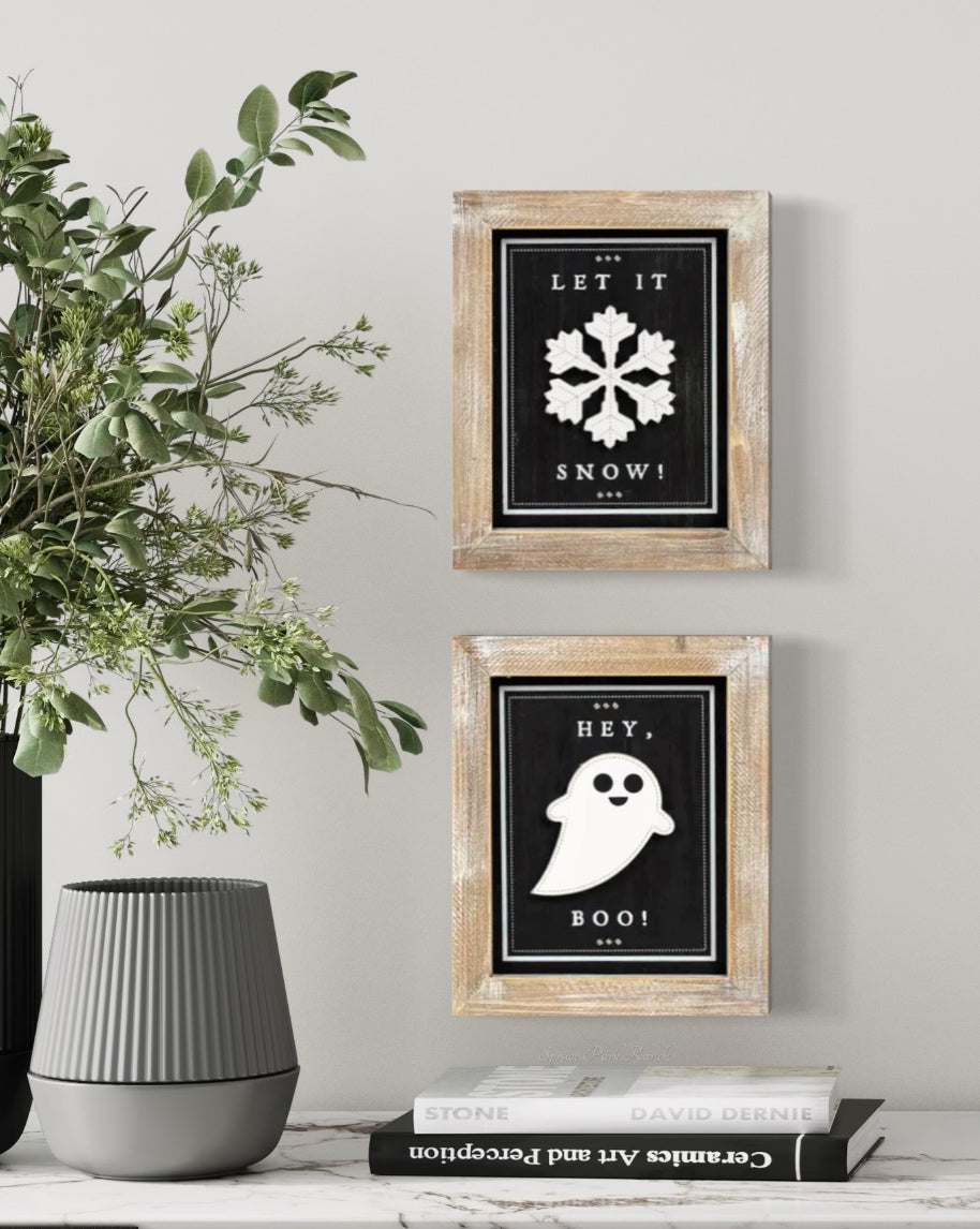 Reversible Wood Boo and Snow Sign