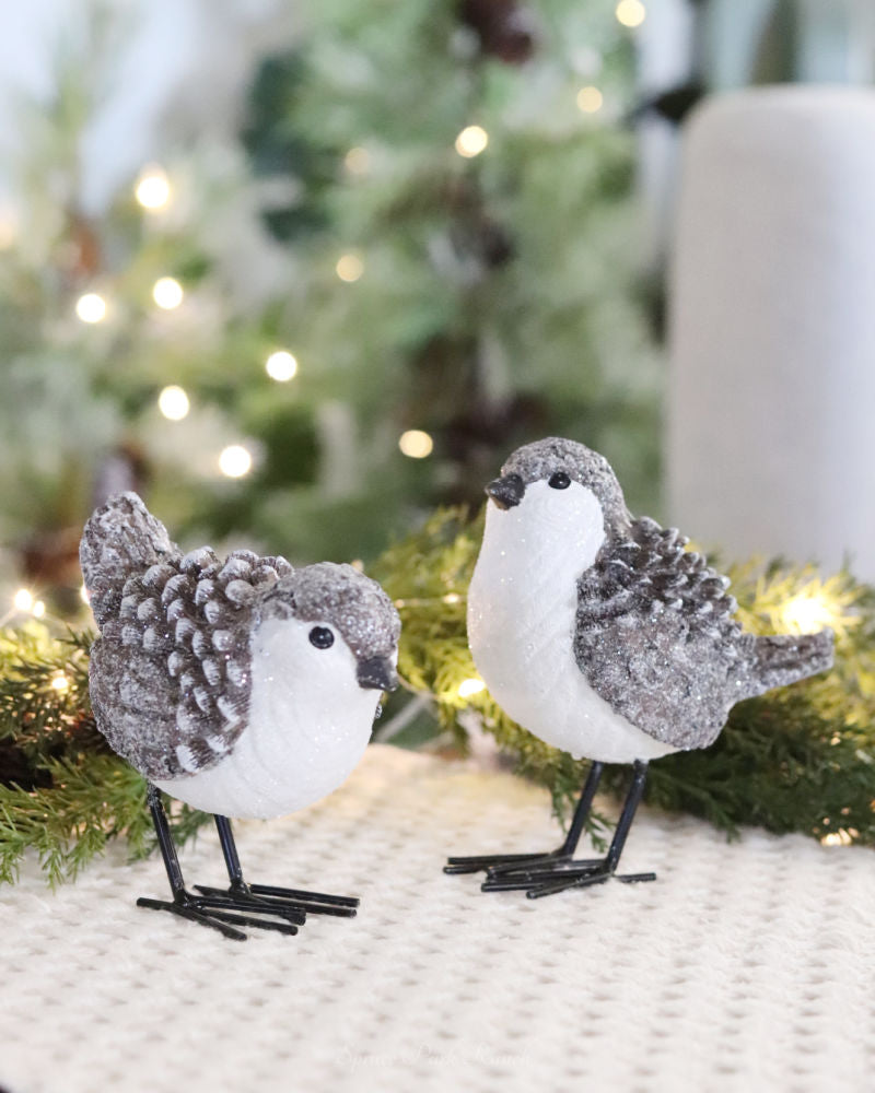 Brown and White Glittered Wood Grain Pinecone Bird