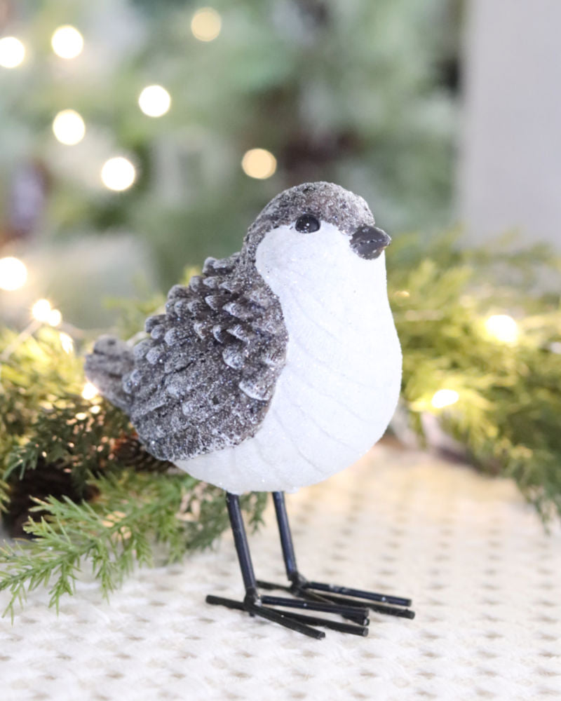 Brown and White Glittered Wood Grain Pinecone Bird