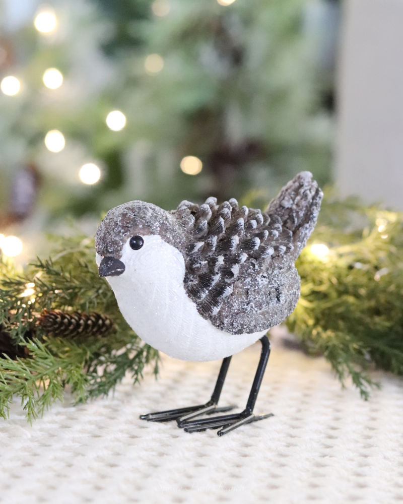 Brown and White Glittered Wood Grain Pinecone Bird