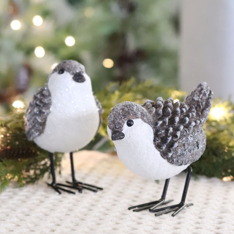 Brown and White Glittered Wood Grain Pinecone Bird