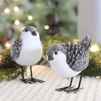 Brown and White Glittered Wood Grain Pinecone Bird