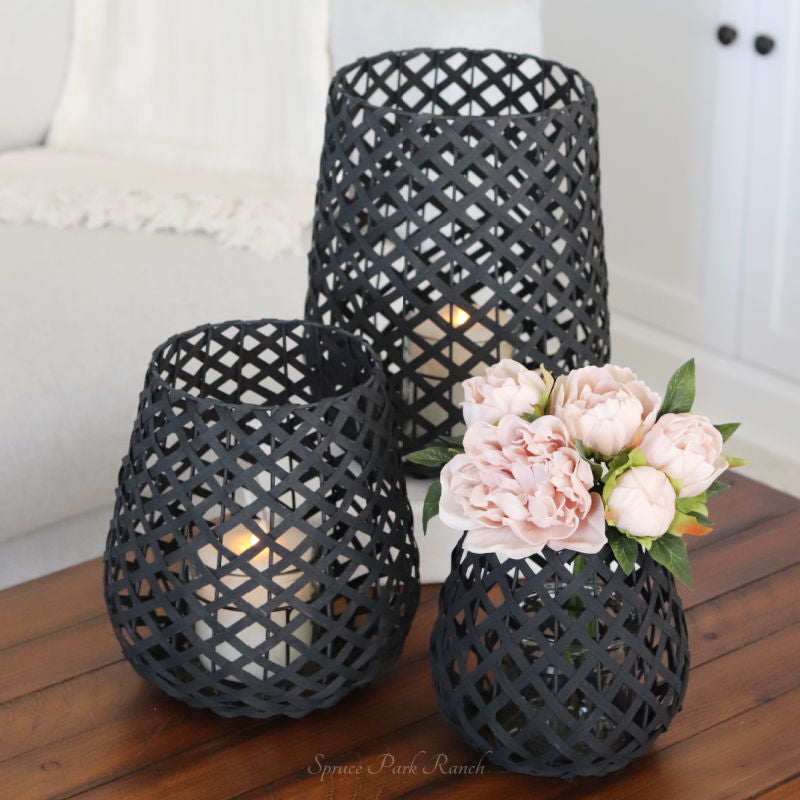 Black Woven Wood Candleholder Lantern