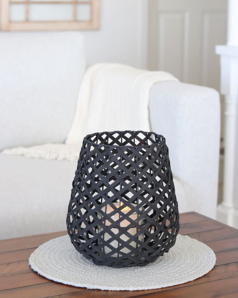 Black Woven Wood Candleholder Lantern