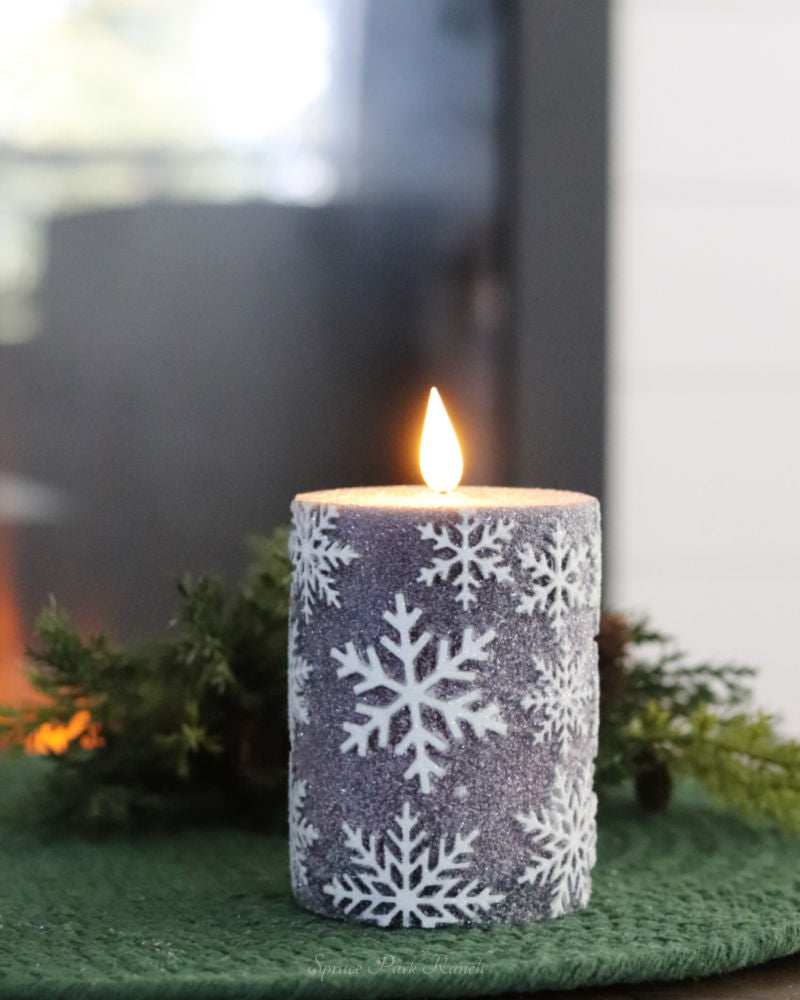 Blue Snowflake LED Pillar Glitter Candle