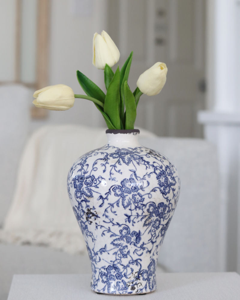 Blue and White Floral Ceramic Bud Vase