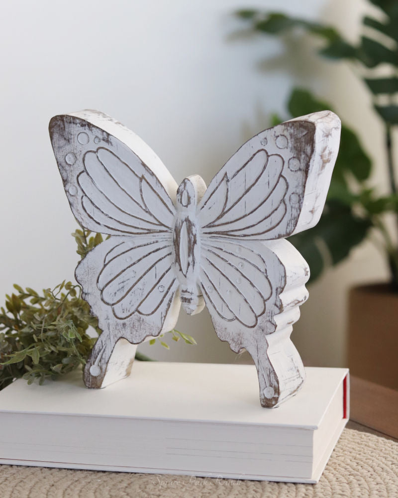 Whitewashed Carved Resin Butterfly