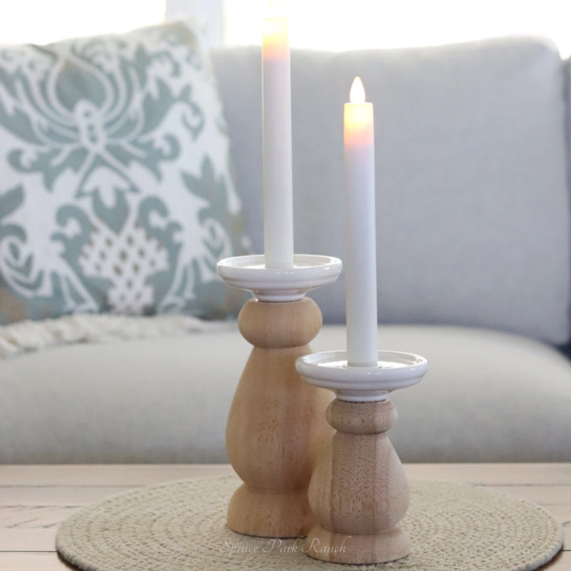 Wood Taper and Pillar Candle Holder With White Top