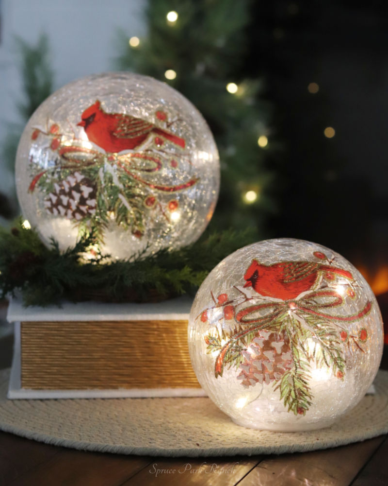 Cardinal and Pinecone Tabletop Crackle Glass LED Globe