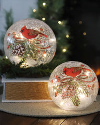 Cardinal and Pinecone Tabletop Crackle Glass LED Globe