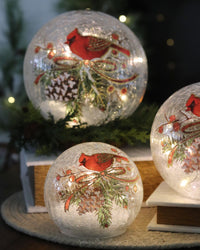 Cardinal and Pinecone Tabletop Crackle Glass LED Globe