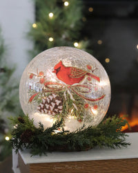 Cardinal and Pinecone Tabletop Crackle Glass LED Globe