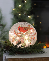 Cardinal and Pinecone Tabletop Crackle Glass LED Globe