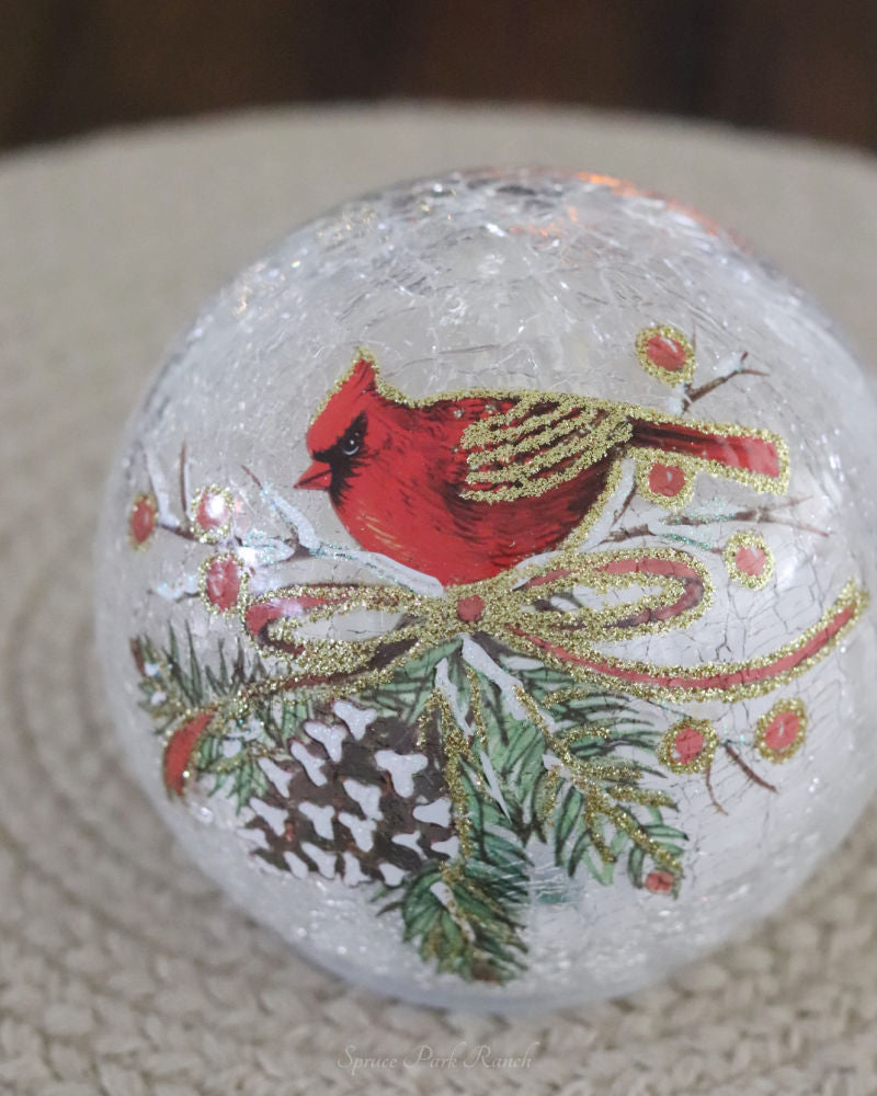 Cardinal and Pinecone Tabletop Crackle Glass LED Globe