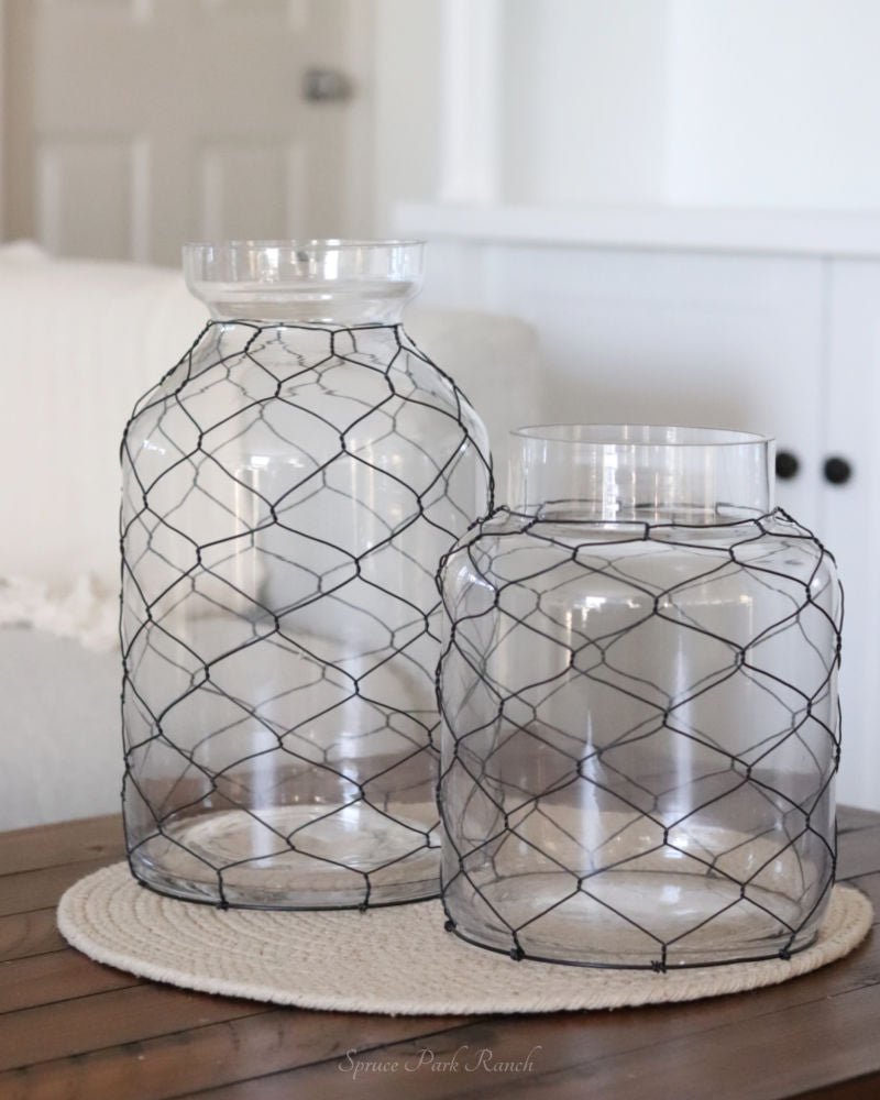 Glass Jar with Black Chicken Wire
