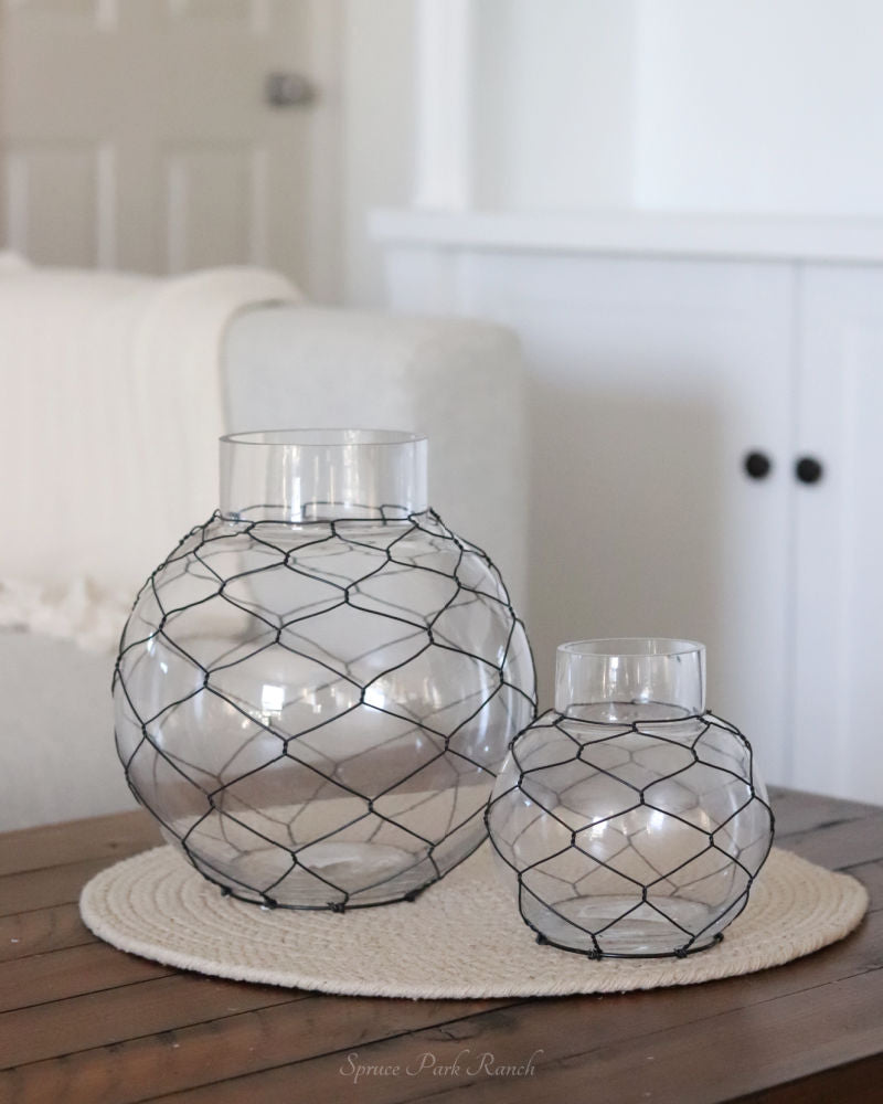 Glass Jar with Black Chicken Wire