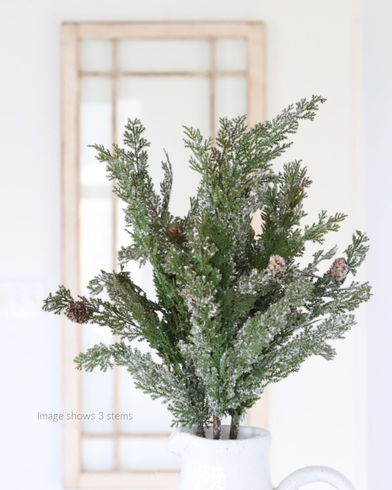Soft Snowy Cypress Stem With Pinecones Real Touch 30"