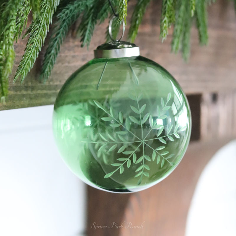Etched Green Snowflake Glass Ornament