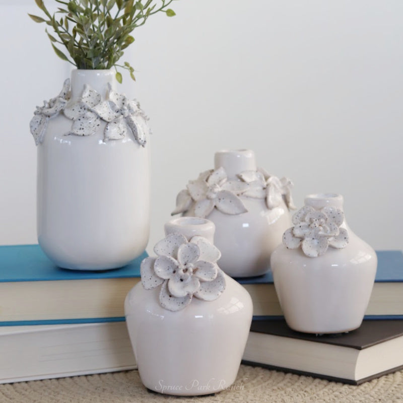 White Ceramic Mini Vase With Raised Flowers