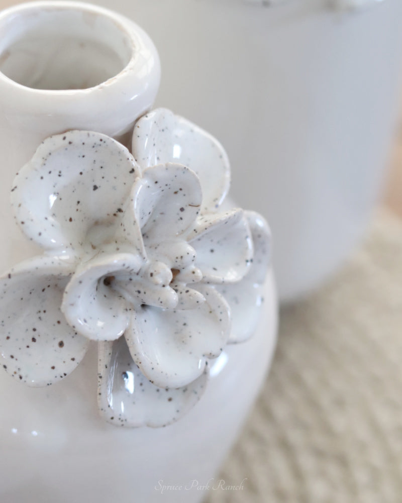 White Ceramic Mini Vase With Raised Flowers