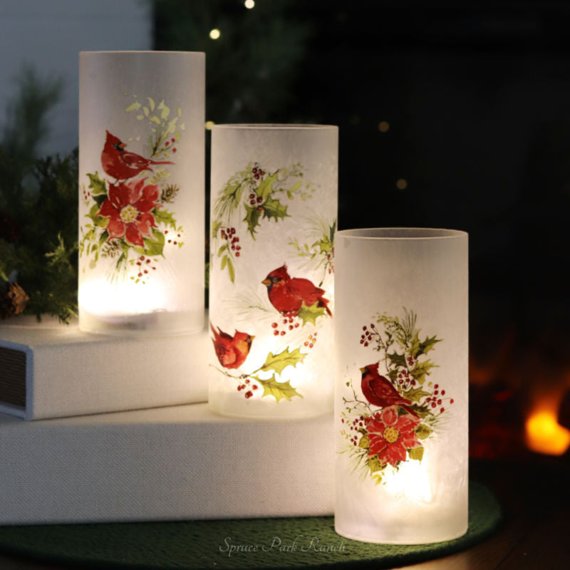 Frosted Glass Cardinal Lighted Cylinder
