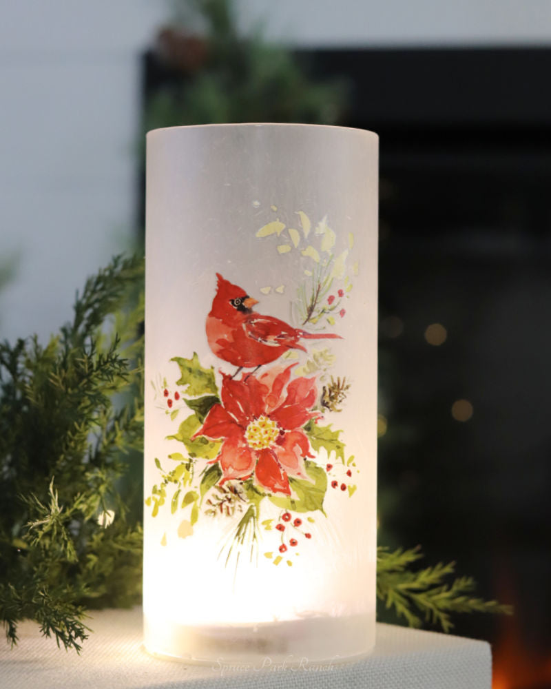Frosted Glass Cardinal Lighted Cylinder