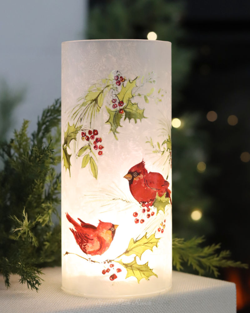 Frosted Glass Cardinal Lighted Cylinder
