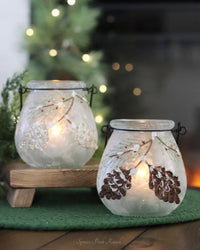 Frosted Glass Holiday Pinecone and Evergreen Lantern Set