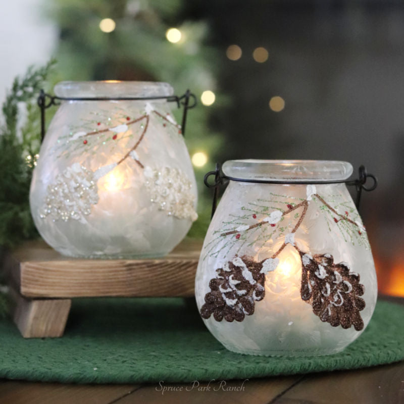 Frosted Glass Holiday Pinecone and Evergreen Lantern Set