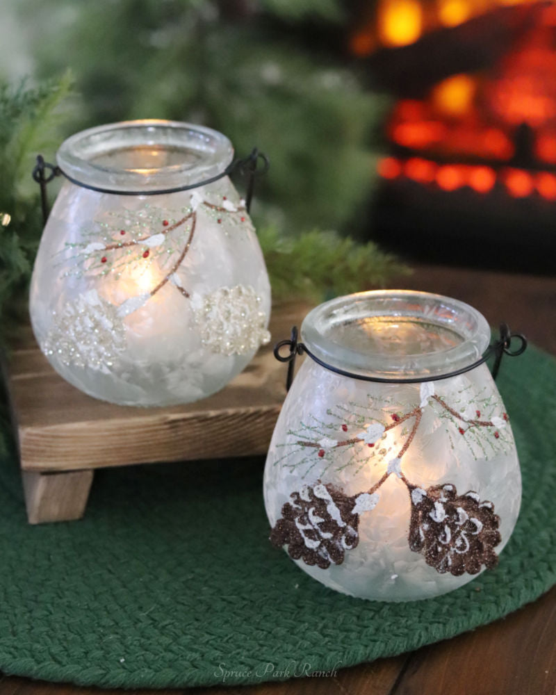 Frosted Glass Holiday Pinecone and Evergreen Lantern Set