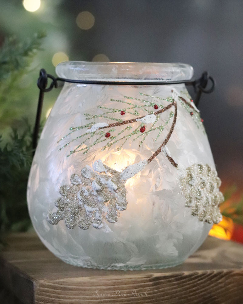 Frosted Glass Holiday Pinecone and Evergreen Lantern Set