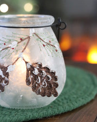 Frosted Glass Holiday Pinecone and Evergreen Lantern Set