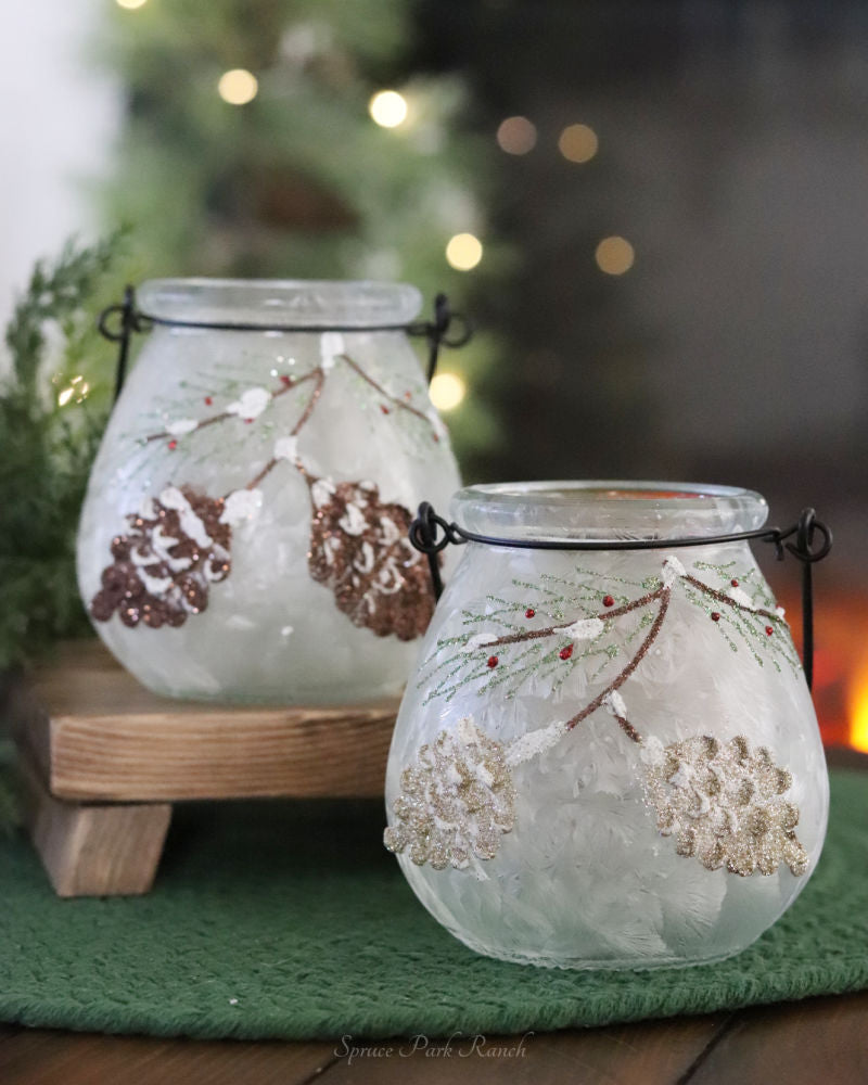 Frosted Glass Holiday Pinecone and Evergreen Lantern Set