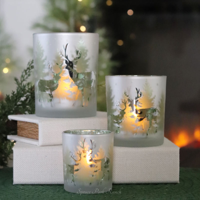 Frosted Glass With Deer Winter Scene Votive