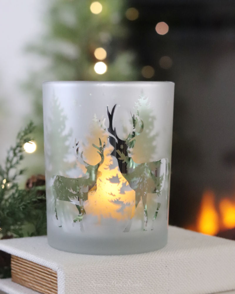 Frosted Glass With Deer Winter Scene Votive