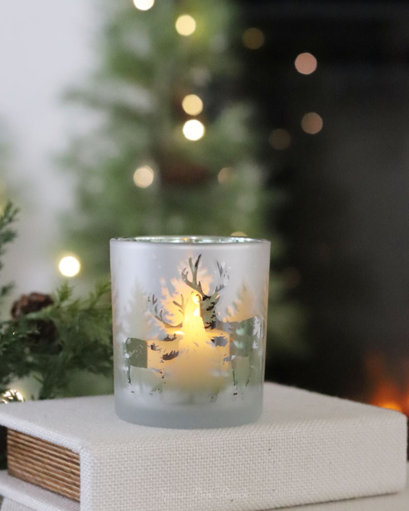 Frosted Glass With Deer Winter Scene Votive
