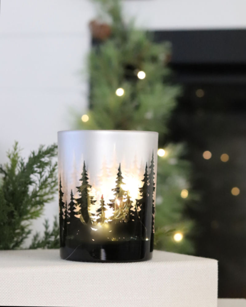 Glass Forest Design Votive Holder With Lights