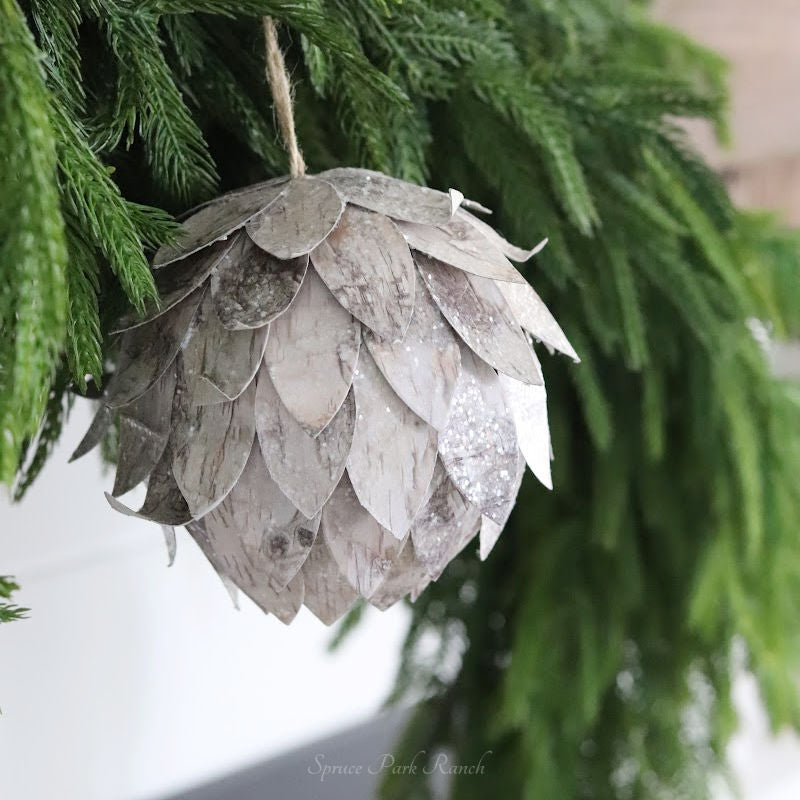 Glittered Faux Birch Wood Artichoke Ornament
