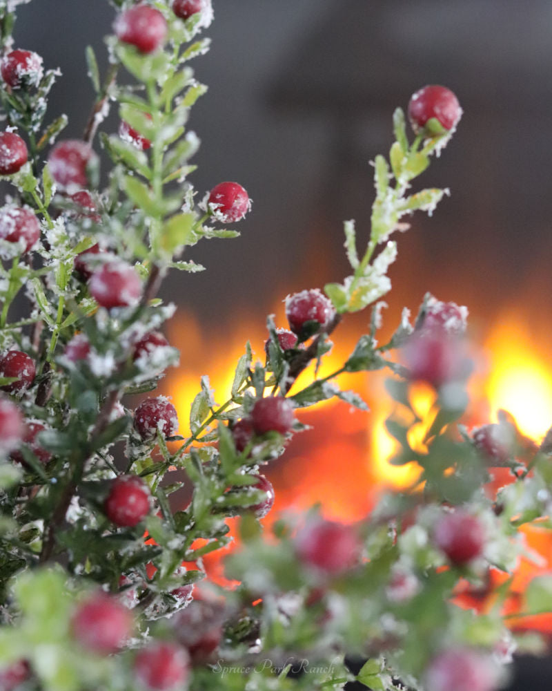 Glittered Snowy Red Berry Leaf Stem 30"