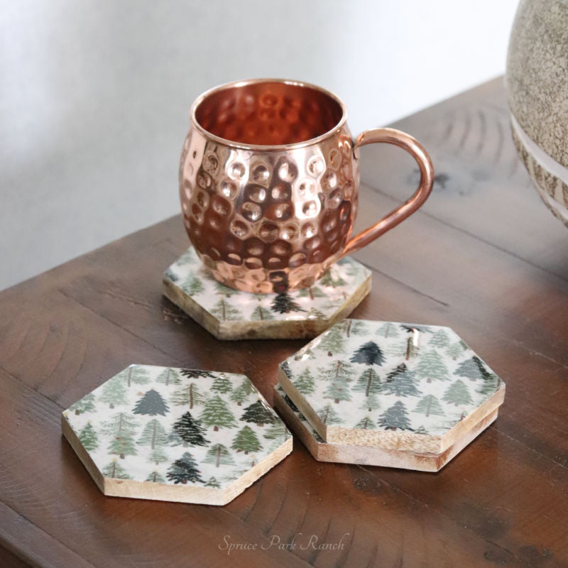 Hexagon Christmas Trees Enameled Coaster Set