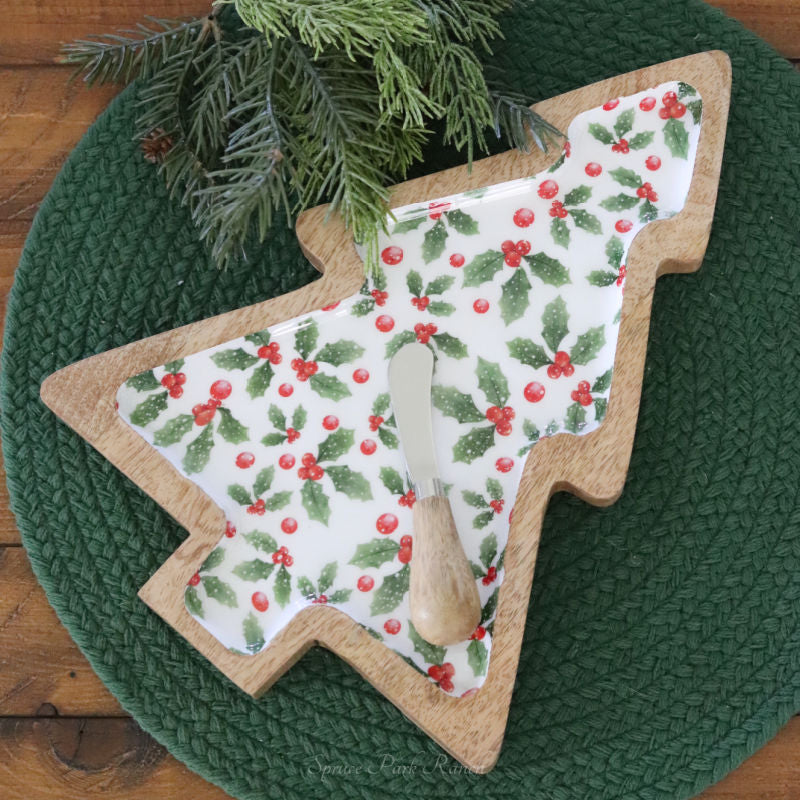 Holly Tree Dip Tray With Spreader