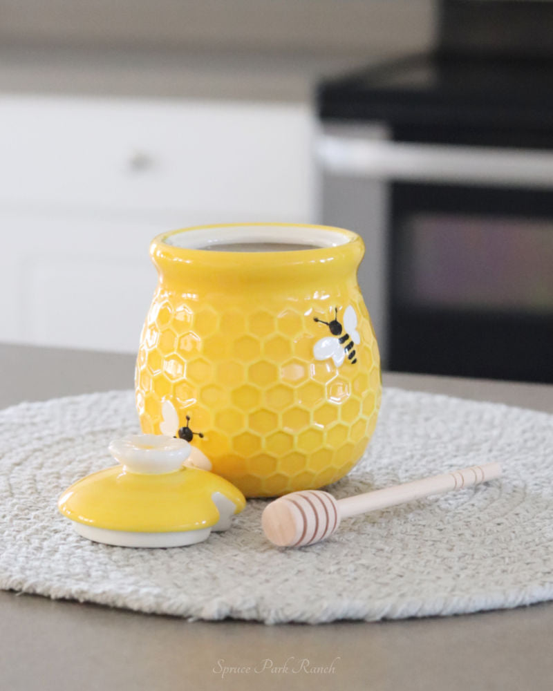 Ceramic Bee Honey Pot With Dipper